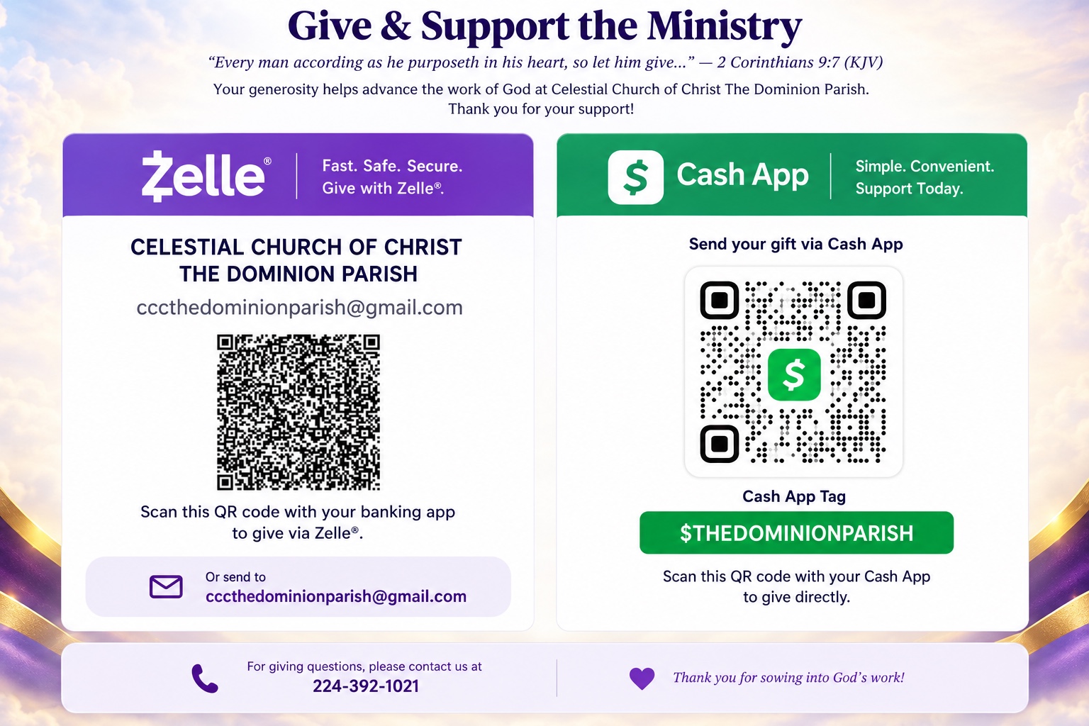 Give and Support the Ministry — Zelle and Cash App giving information